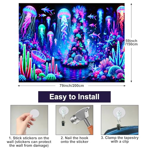 Image of BlissYard Blacklight Tapestry Jellyfish Ocean Decor 78x59 Inch Neon Underwater Glow in Dark Backdrop Blacklight Tapestry Psychedelic Coral Reef Scene for Bedroom Wall Hanging Party Room Sea Art