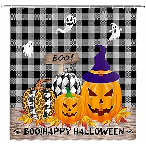 Halloween Pumpkin Shower Curtain Spooky Witch Magic Hat Boo Spider Scary Ghost Haunted Maple Wood Black and White Buffalo Plaid Fabric Bathroom Decor Curtain with Hook Cover