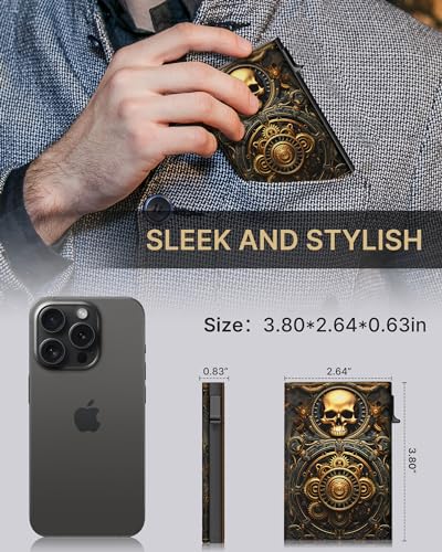 Image of typecase Mens Wallet Card Holder: Pop Up Aluminum Case, Carbon Fiber Leather, Smart, RFID Blocking, Slim, Minimalist, Front Pocket - 9-14 Card Capacity | ID Window | Cash Slot (Skull)