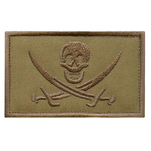 Tan Coyote Calico Jack Skull Pirate Jolly Roger Morale Tactical ISAF Embroidery Fastener Patch