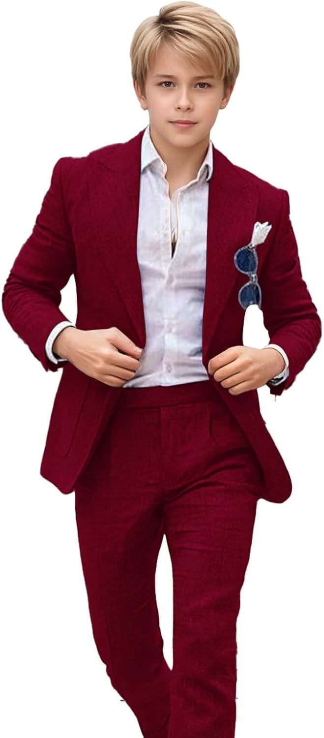 Linen Boys Suit Peaked Lapel Casual Summer Kids Tuxedo Suit for Boy Solid Straight Pocket Slim Fit 2 Piece Suits