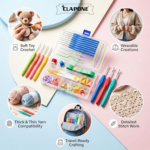 Image of CLAPONE 52 Piece Crochet Set Crochet Kit Crochet Hooks Knitting Kit Crochet Needles Yarn Needle Knitting Needles Set for Beginners Knitting Needles with Ergonomic Handles,Multicolour