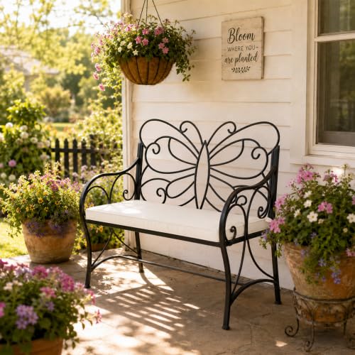 VINGLI Banc de Jardin Décoratif 2 Places en Fer forgé Motif Papillon Noir avec Coussin