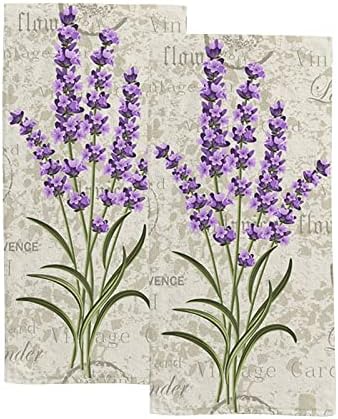 Retro Provence Lavender Stamps Fingertip Bath Towels, Super Soft Highly Absorbent Face Hand Towels, 2 Pack Purple Flowers Decorative Dish Towels for Hotel Kitchen Bathroom, 30 x 15 Inch