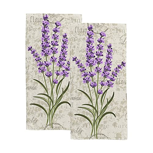 Retro Provence Lavender Stamps Fingertip Bath Towels, Super Soft Highly Absorbent Face Hand Towels, 2 Pack Purple Flowers Decorative Dish Towels For Hotel Kitchen Bathroom, 30 X 15 Inch #TOP16