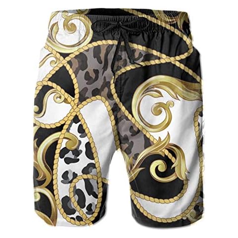 SARA NELL Men's Swim Trunks Cheetah Leopard Skin Pattern Black and White Gold Surfing Beach Board Shorts Swimwear - white - Medium Cover