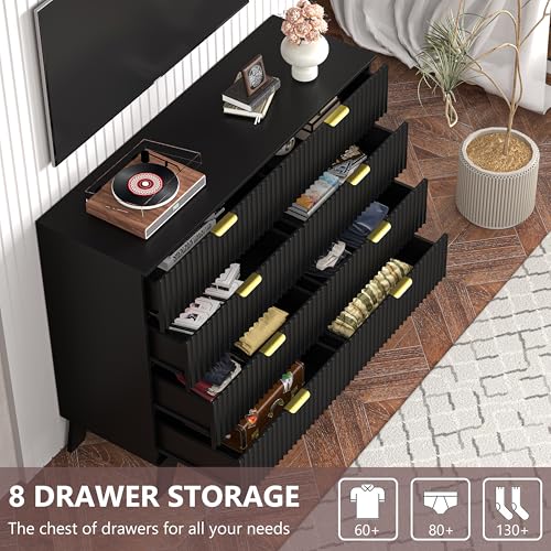 Image of 8 Drawer Dresser for Bedroom, 47''W Fluted Wooden Dresser Storage Cabinet and Chest of Drawers with Metal Handle, Storage Organizer for Living Room, Hallway, Entryway, Black