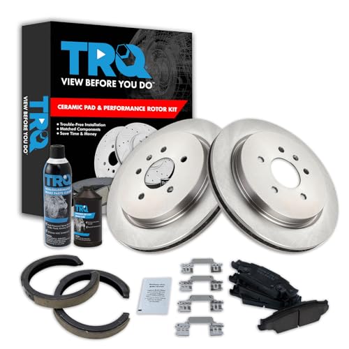 Image of TRQ Rear Brake Pad & Rotor Kit, with Chemical Kit Parking Brake Shoe Set Ceramic Compatible with 2005-2010 Cadillac STS