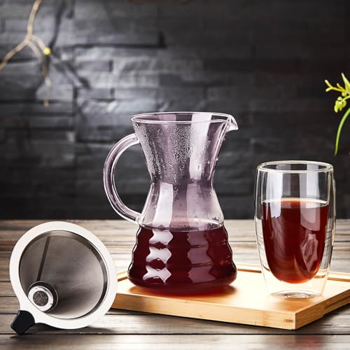Image of Unbreakable - Pour Over Coffee Maker with Permanent Stainless Filter 27 fl oz, Thickened Heat-Resistant Borosilicate Glass Dripper Coffee Brewer, Stovetop Safe, Pink