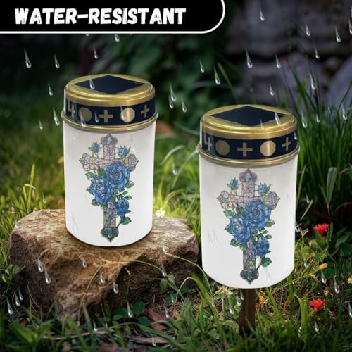 Image of Cross and Blue Rose Solar Memorial Lights for Graves Flameless Candle Lamp Waterproof Solar Powered Light for Prayer Grave Cemetery Garden Decor 2 Pcs