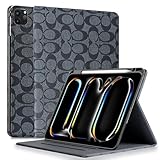 HYHCF Designer Compatible iPad Pro 11 Inch Case 2024 5th Generation M4 (Model: A2836/A2837/A3006) PU Leather with Pencil Holder Soft TPU Back Case,Auto Sleep/Wake Cover,for Women Girls Aesthetic-Black