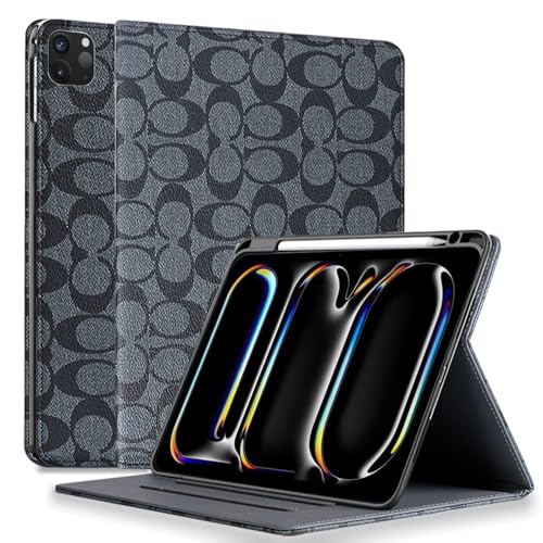 HYHCF Designer Compatible iPad Pro 11 Inch Case 2024 5th Generation M4 (Model: A2836/A2837/A3006) PU Leather with Pencil Holder Soft TPU Back Case,Auto Sleep/Wake Cover,for Women Girls Aesthetic-Black