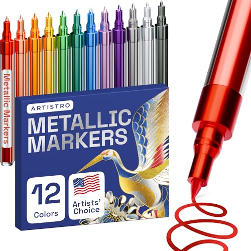 Artistro Metallic-Farbstifte für Steinmalerei, Stein, Keramik, Glas, Scrapbooking und Färben. Acryl-Marker, extra feine Spitze, 0,7 mm, 12 Stück