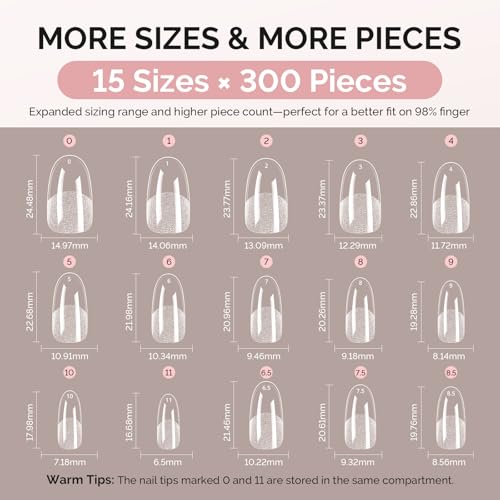 Image of MelodySusie Medium Oval Round X Nail Tips - 300Pcs 15 Sizes Clear Acrylic,Half Matte Full Cover Press on Nails for DIY Extension & Salon Use,Pre-Shaped for Long-Lasting Manicure