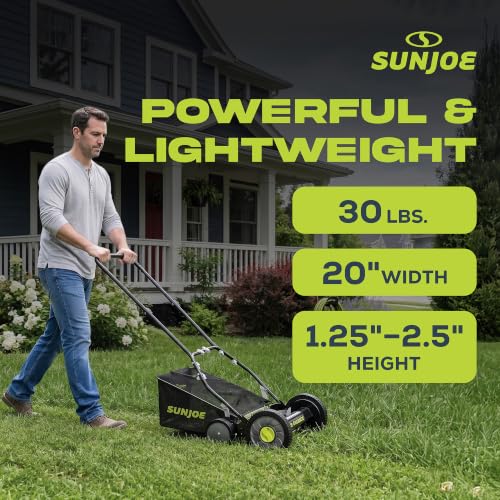 Image of Sun Joe Manual Push Reel Lawn Mower with 8.5-Gal Grass Catcher, 20-Inch Cutting Width - Heavy-Duty Yard Trimmer Machine for Gardening Care and Maintenance, MJ502M