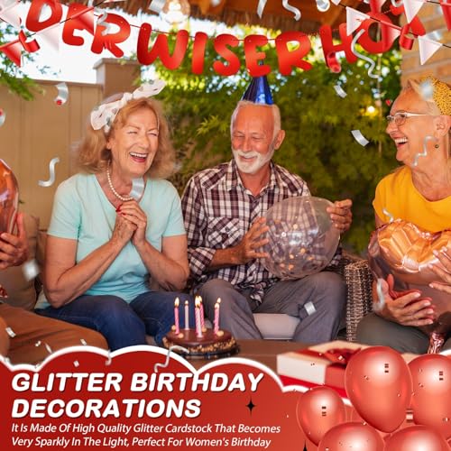 Image of Fulmoon Set of 3 Pre Strung Older Wiser Hotter Glitter Banner Funny Birthday Banner for Women 30th 40th 50th 60th 70th 80th Birthday Party Decorations Sign Gift(Bright Red)