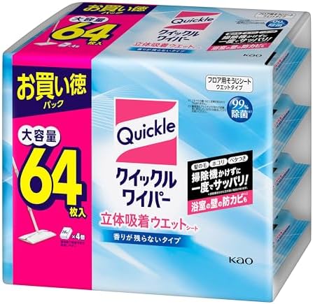 （15:30時点） 【大容量】クイックルワイパー 立体吸着ウエットシート 掃除機かけずに一度でサッパリ 香りがのこらない 64枚入り ジャンボパック