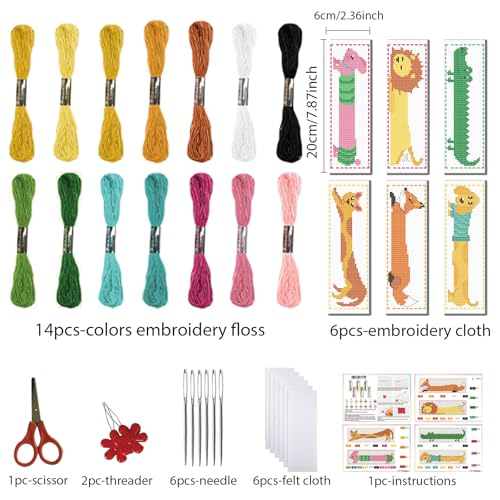 Image of FREEBLOSS 6 Set Cross Stitch Bookmark Kits Stamped Cross Stitch Kit 11CT Embroidery Kit with Instructions for Adults Beginners Creative Animals Pattern, 20x6cm /8x2.4inch