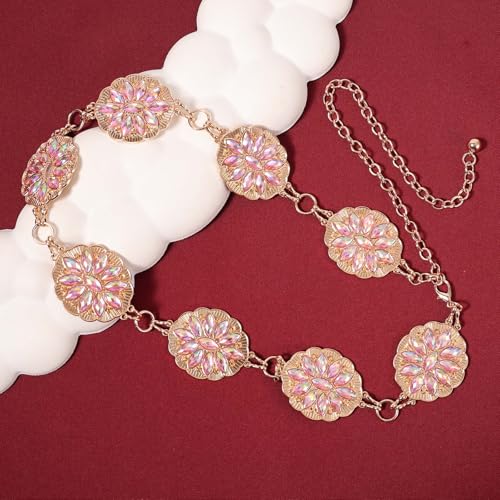 Concho Belt for Women, Bling Pink Rhinestone Western Cowgirl Waist Chain Belt Adjustable Boho Belts for Pants Dress Jeans3