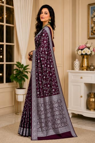 Image of Women's Glory Banarasi Satin Kanjivaram Saree Silver Zari Border Pure Soft Blend Silk Sari Kanchipuram Paithani Silk Party Wedding Festive New Ladies Sadi with Unstiched Blouse Piece.