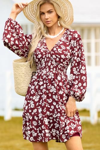 Image of Dokotoo Womens Dresses Boho Floral V Neck Long Sleeve Smocked Elastic Waist Casual A-Line Mini Dress Sundress