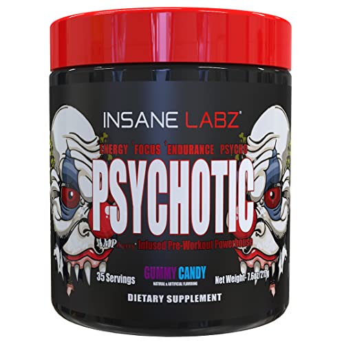 Image of Insane Labz Psychotic, High Stimulant Pre Workout Powder, Extreme Lasting Energy, Focus and Endurance with Beta Alanine, Creatine Monohydrate DMAE, 35 Srvgs (Gummy Candy)