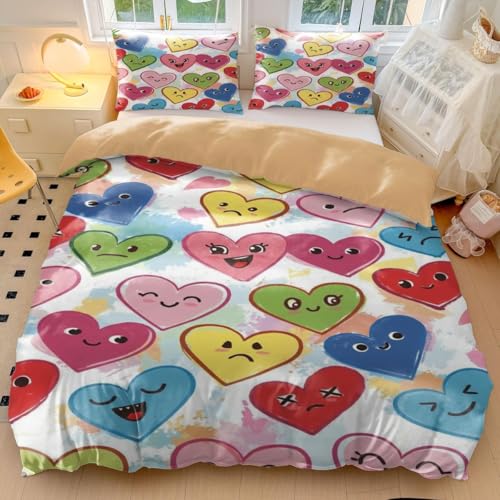 Juego de funda de edredón con diseño de corazón de dibujos animados, juego de ropa de cama colorido, edredón de corazón de ángel 3D, ropa de cama con temática de amor para decoración de dormitorio