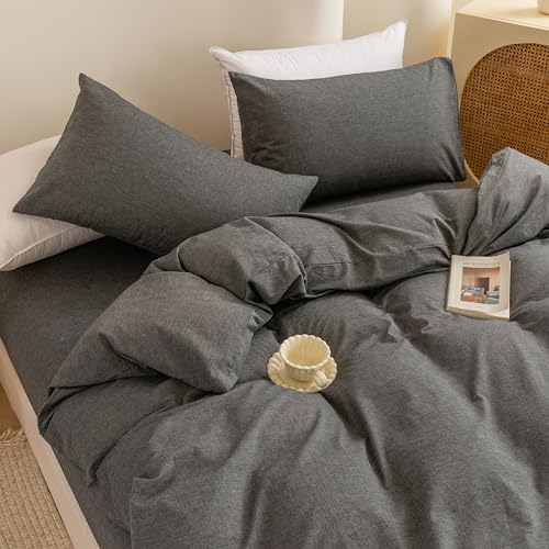 Image of ECOCOTT Duvet Cover Set, 100% Washed Cotton Linen-Like Textured Soft & Breathable, Durable Comfy Bedding Set for All Seasons (Grey, California King)