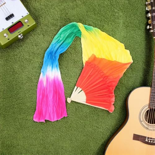 Abanico largo para danza china con velo de seda multicolor degradado flotante 4