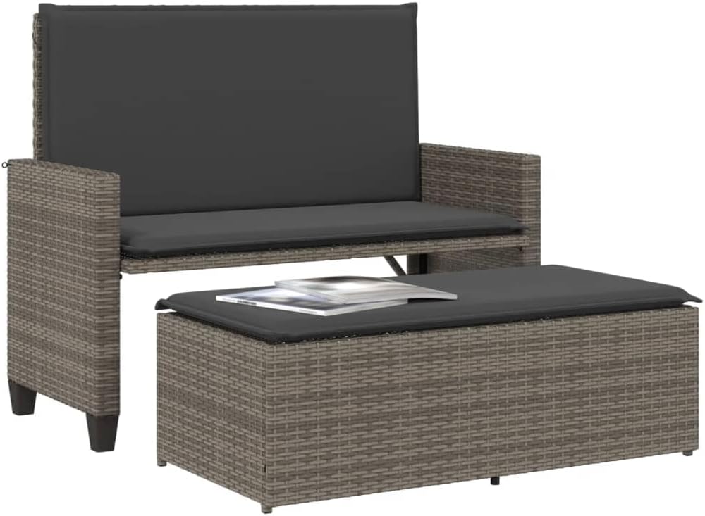 Garden Bench Grey PE Rattan 2-Seater Convertible,Luxury Outdoor Garden Bench with Convertible Sofa Bed Design Patio Furniture
