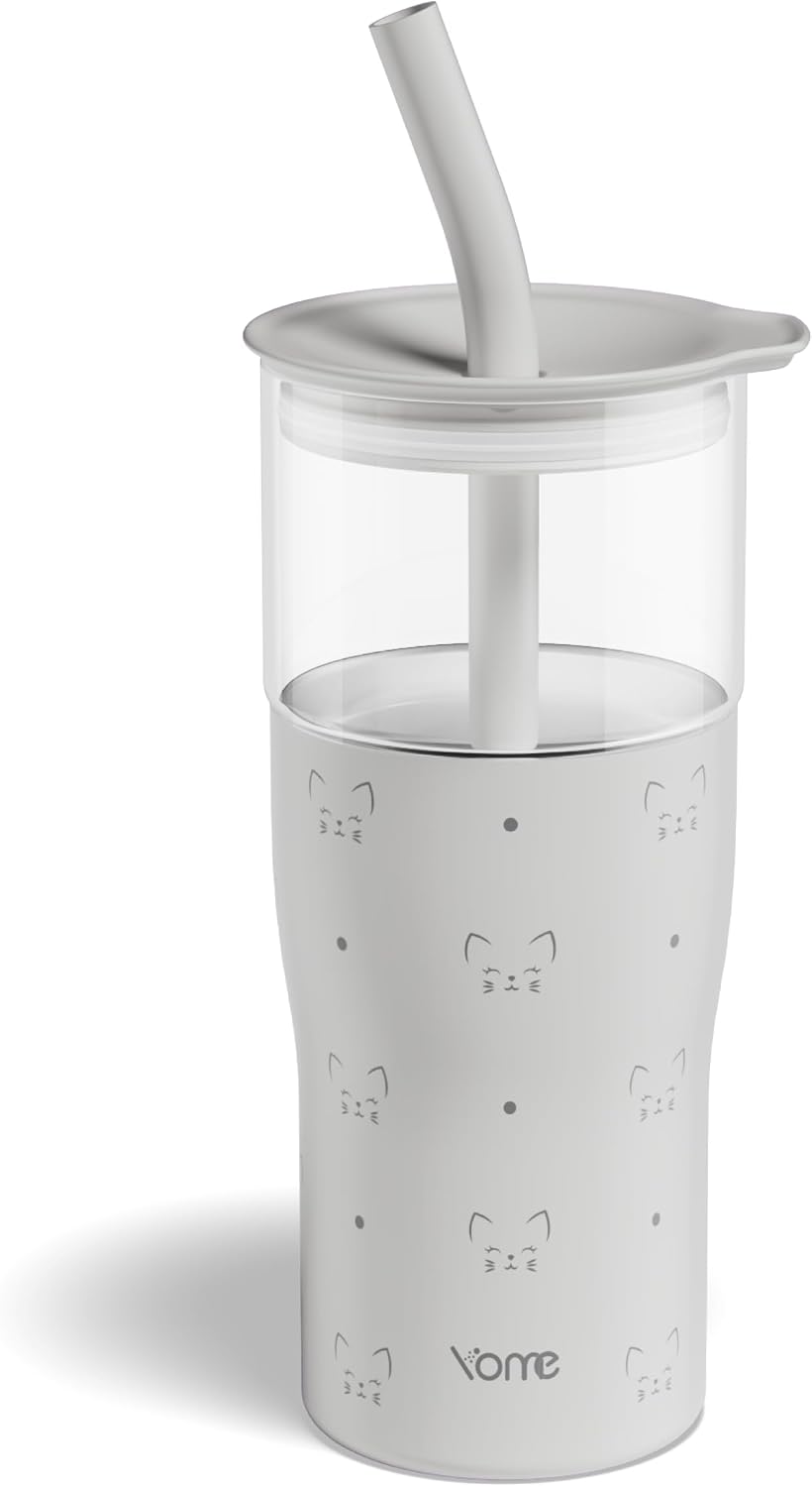 YOME 20oz Serene Cat Grey Insulated Glass Tumbler with Lid & Straw for Women Gift| Stainless Steel Iced Coffee Cup | Keep Drinks Cold |Cupholder Friendly |Ideal for Iced Coffee, Smoothies & Boba