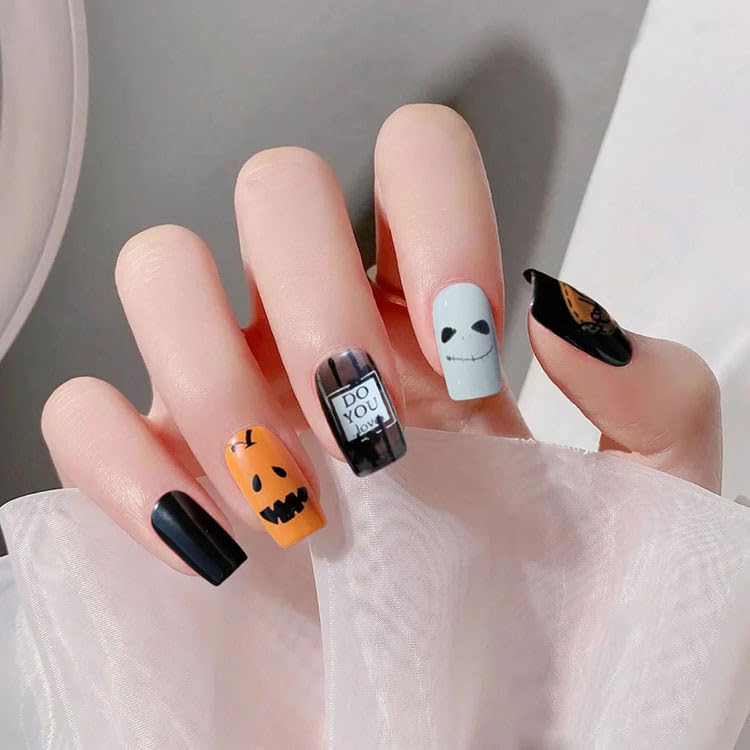 Combo of 2-Pack Halloween Press On Nails – Long Ghost & Pumpkin Design + Square Spooky Horror Art – 48pcs Fake Nails with Glue Tabs – Reusable Artificial Nails Kit for Women & Girls-picture-35