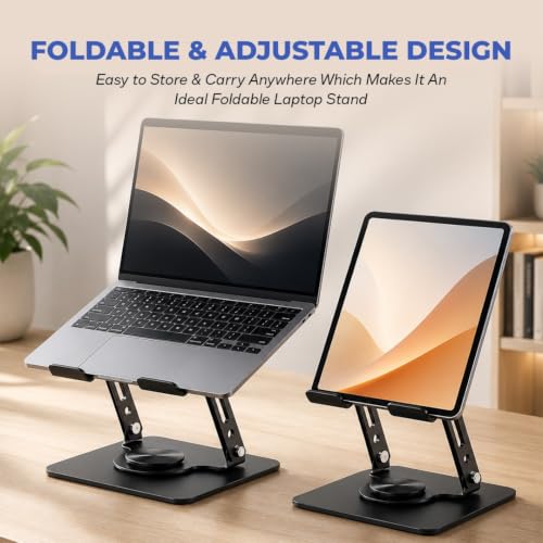 Image of Aluminum Laptop Stand for Desk - 360 Rotating Swivel Base, Height Adjustable Ergonomic Riser - Foldable & Portable Notebook Holder Compatible with MacBook, HP, Dell, Lenovo