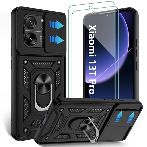 Jshru Hülle für Xiaomi 13T Pro/13T Handyhülle [Slide Kameraschutz] mit 2 Stück Schutzfolie [Militärqualität Fallschutz] Stoßfest Schutzhülle 360 Ring Ständer Case Xiaomi 13T Pro Schwarz