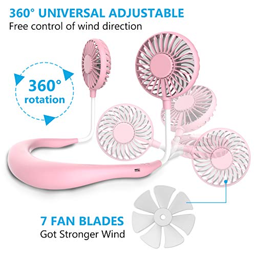 Hand Free Mini USB Personal Fan - Rechargeable Portable Headphone Design Wearable Neckband Fan,3 Level Air Flow,7 LED Lights,360 Degree Free Rotation Perfect for Sports, Office and Outdoor (Pink)