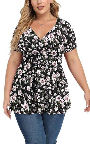 TIANZHU Plus Size Tops For Women Peplum Tunic Top Empire Waist Shirt Short Sleeve Babydoll Blouse Top Low Cut F Pink Black 4XL