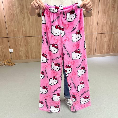 Image of BIUGNVW Anime Pajamas Pants Women Cartoon Family Christmas Pajama Pants Kawaii Flannel Pajama Pants Black and Pink
