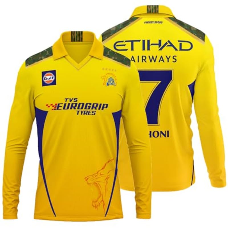 Image of Chennai Dhoni 7 Cricket Team Full Sleeve Jersey Tshirt 2024 /2025 (Kids,Boys,Men)
