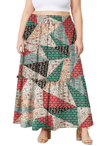 Moon Wood Women's Maxi Skirt Summer Boho Floral Print Skirt Elasticated Waist Ladies Long Flowy Skirts with Pockets Plus Size