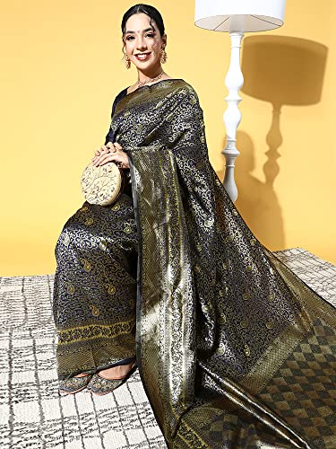 Image of AKHILAM Women's Geometric Banarasi Silk Zari Saree With Unstitched Blouse Piece (Dark Blue RR0TOSH9103)