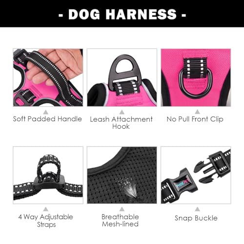 PHOEPET Hundegeschirr ohne Zug für kleine Hunde, reflektierende, verstellbare Front-Clip-Weste mit Griff, 2 Metallringe, 3 Schnallen [leicht an- und auszuziehen] (S, Rosa)