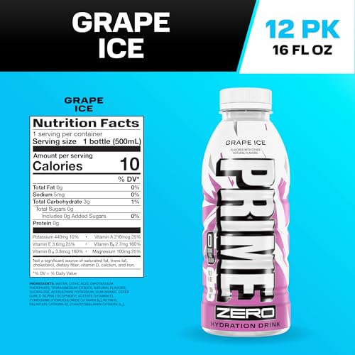 Image of PRIME ZERO GRAPE ICE, Sugar Free Sports Drinks, Electrolyte Enhanced to Replenish Fluids, B Vitamins, Antioxidants, Low Calorie, Made with Natural Flavors, 16.9 Fl Oz 12 Pack