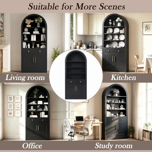 Image of Farmhouse Arched Bookshelf with Storage Cabinet(Black Style3) | Tall Display Bookcase with Drawer Doors&Adjustable Shelves, Freestanding Kitchen Pantry Cabinet for Living Room, Home Office