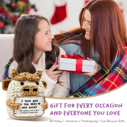 I Love You to the Moon and Back Crochet Highland Cow Gifts for Women Couples Girlfriend Mom, Handmade Emotional Support Pocket Gifts, Cute Desk Ornament for Anniversary Valentines Birthday Present - Image 6