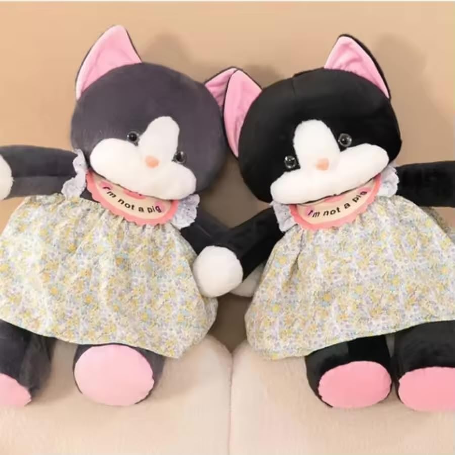Image of Cute Cat Soft Toy 35cm - Kawaii Fluffy Plush Cat with Removable Frock & Apron, Adorable Stuffed Animal Plushie Gift for Kids, Girls & Home Decor