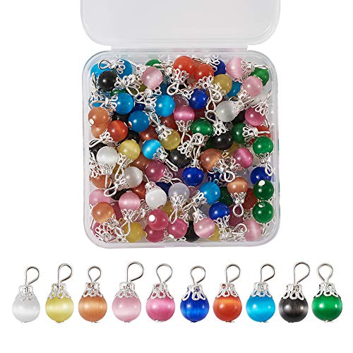FASHEWELRY 100Pcs Cat Eye Dangle Beads Charm Pendants 10 Colors with Silver Flower Bead Cap for DIY Jewelry Making