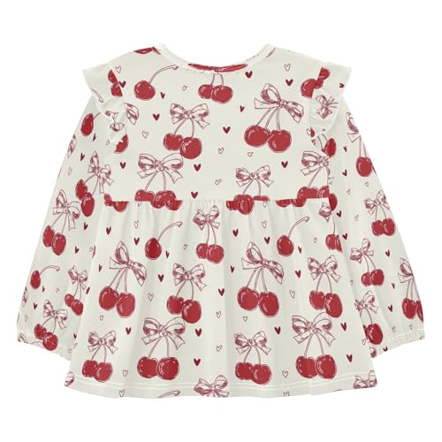 Red Bow Cherry Love Girls Shirts Cotton Long Sleeve Ruffle Toddler Tee Tops2