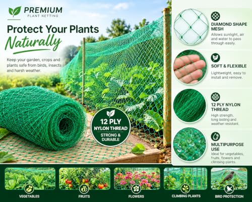 Image of 12 Ply Plant Netting 50 mm Mesh - Heavy Duty Garden Support Net, UV Resistant Trellis Net for Vegetables, Climbing Plants & Creepers (Green, 10 X 70 FT)