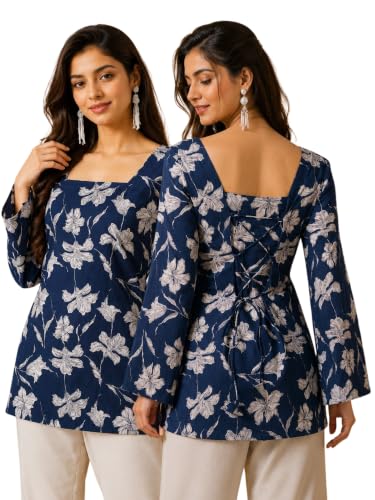 Image of Rayon Floral Print Short Kurti for Women | Square Neck Long Sleeve Top for Women | Criss Cross Back Desing Kurti | Soft Breathable Fabric | Relaxed Fit | Casual and Office Wear