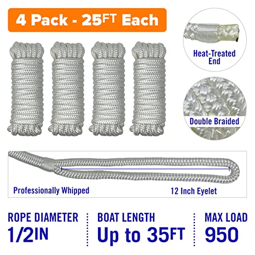 Image of Dock Lines for Boats 1 /2 inch x 25ft, 4 Pack Double Braided Nylon Boat Rope
